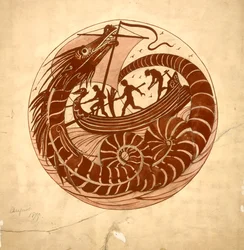 Progetto per un piatto con un drago marino e una barca, 1879